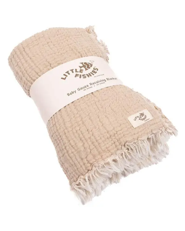 Little Fishies Gauze Receiving Blanket - Beige | Sand Cloud